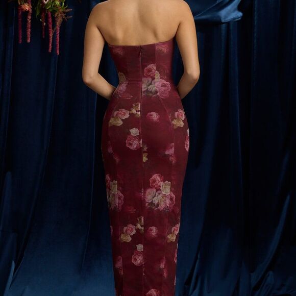 Oh Polly Bandeau Cowl-Neck Maxi Dress in Maroon Floral Print 6 - Picture 2 of 4